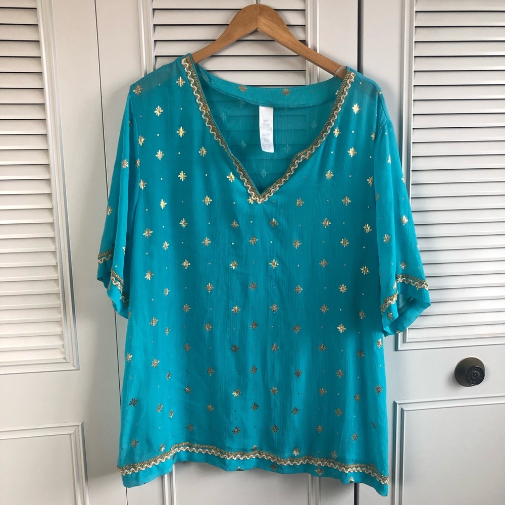 **CLOSING BUY ONE GET ONE** Sheer Top with Embroidery of Gold V Neck Pockets